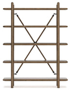 Brown wooden bookcase with open shelves and central X-braced support frame