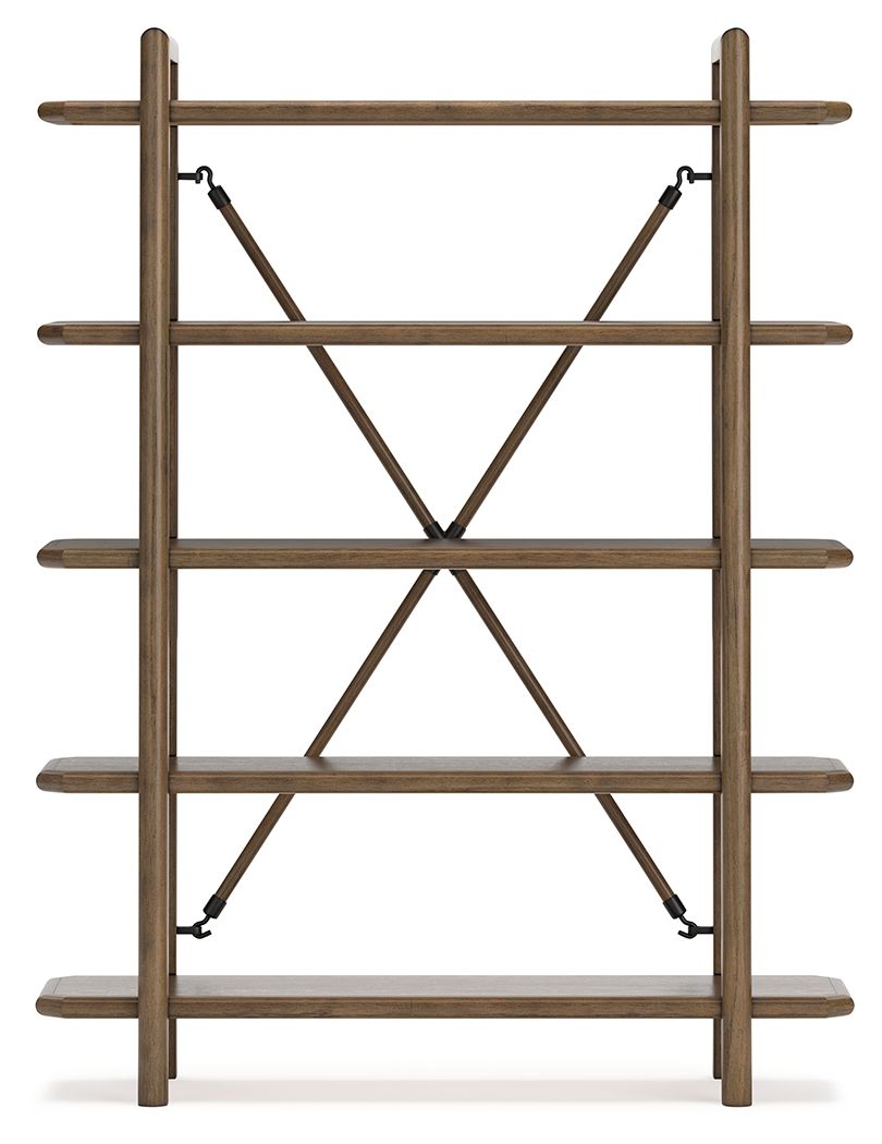 Brown wooden bookcase with open shelves and central X-braced support frame