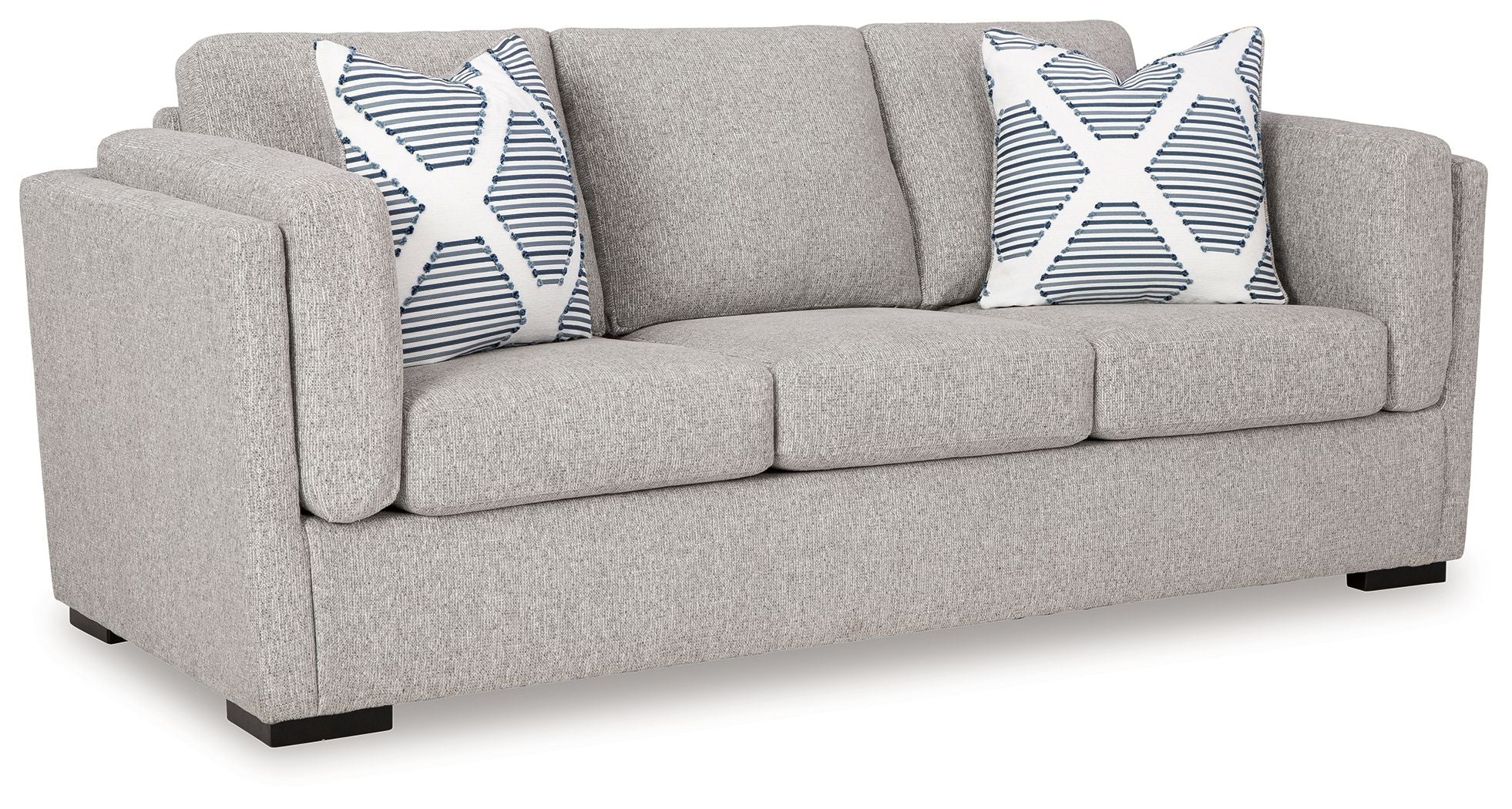 Light gray upholstered loveseat with two striped accent pillows