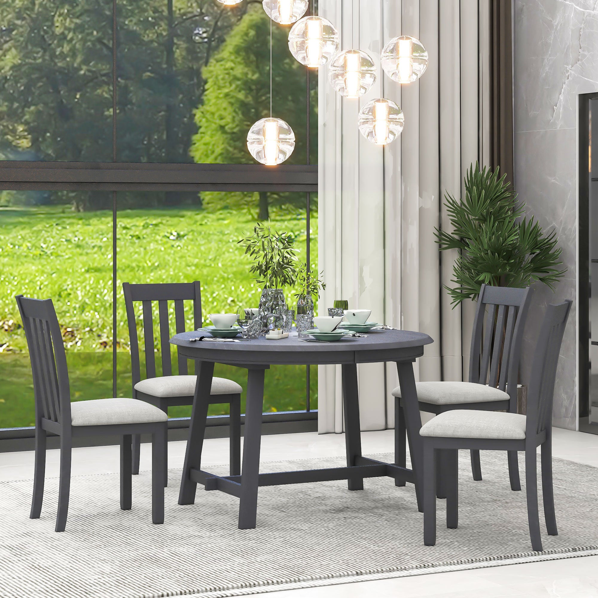 5-Piece Round Extendable Dining Table Set (Gray)