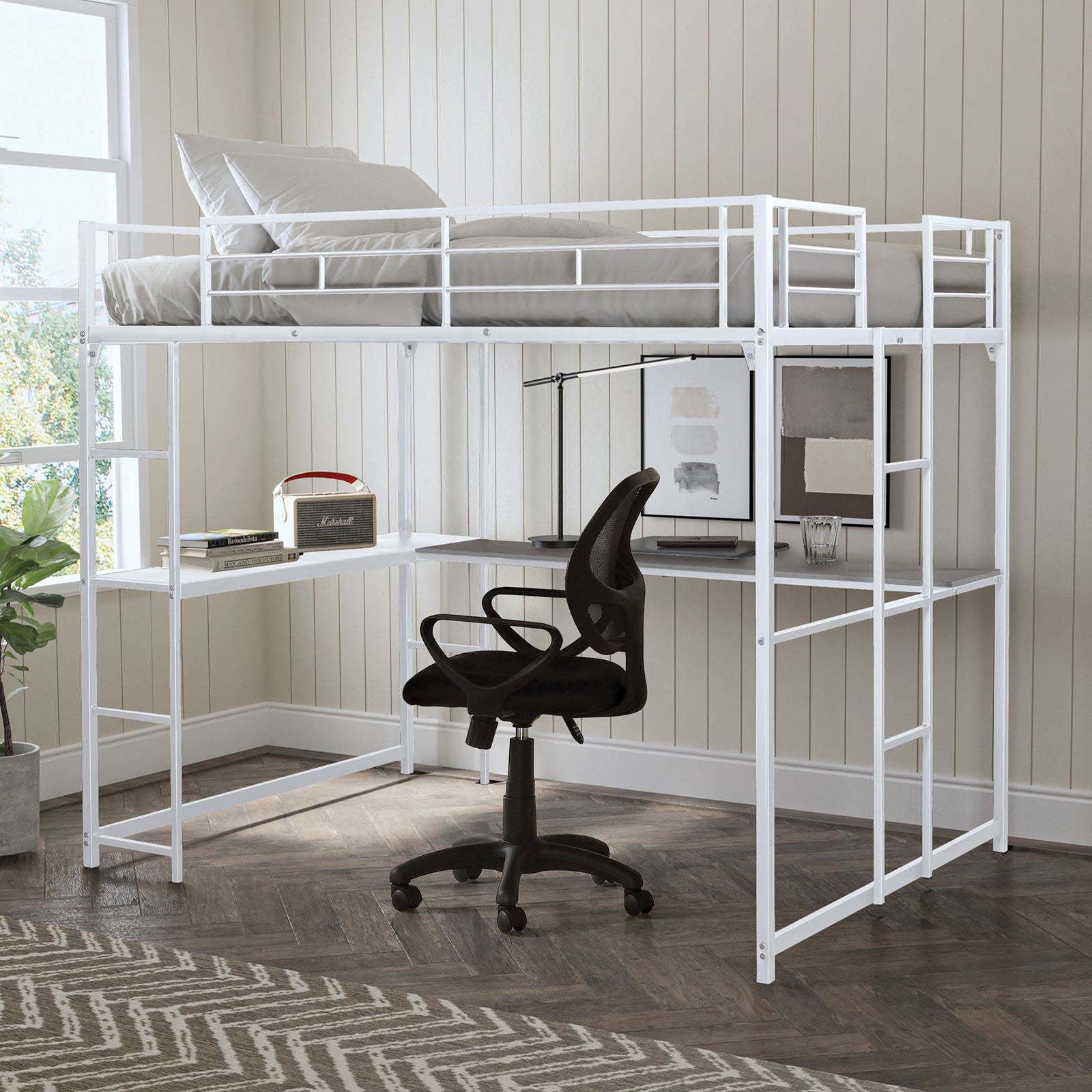 Contemporary White Full Loft Bed with Metal Frame & Two Ladders