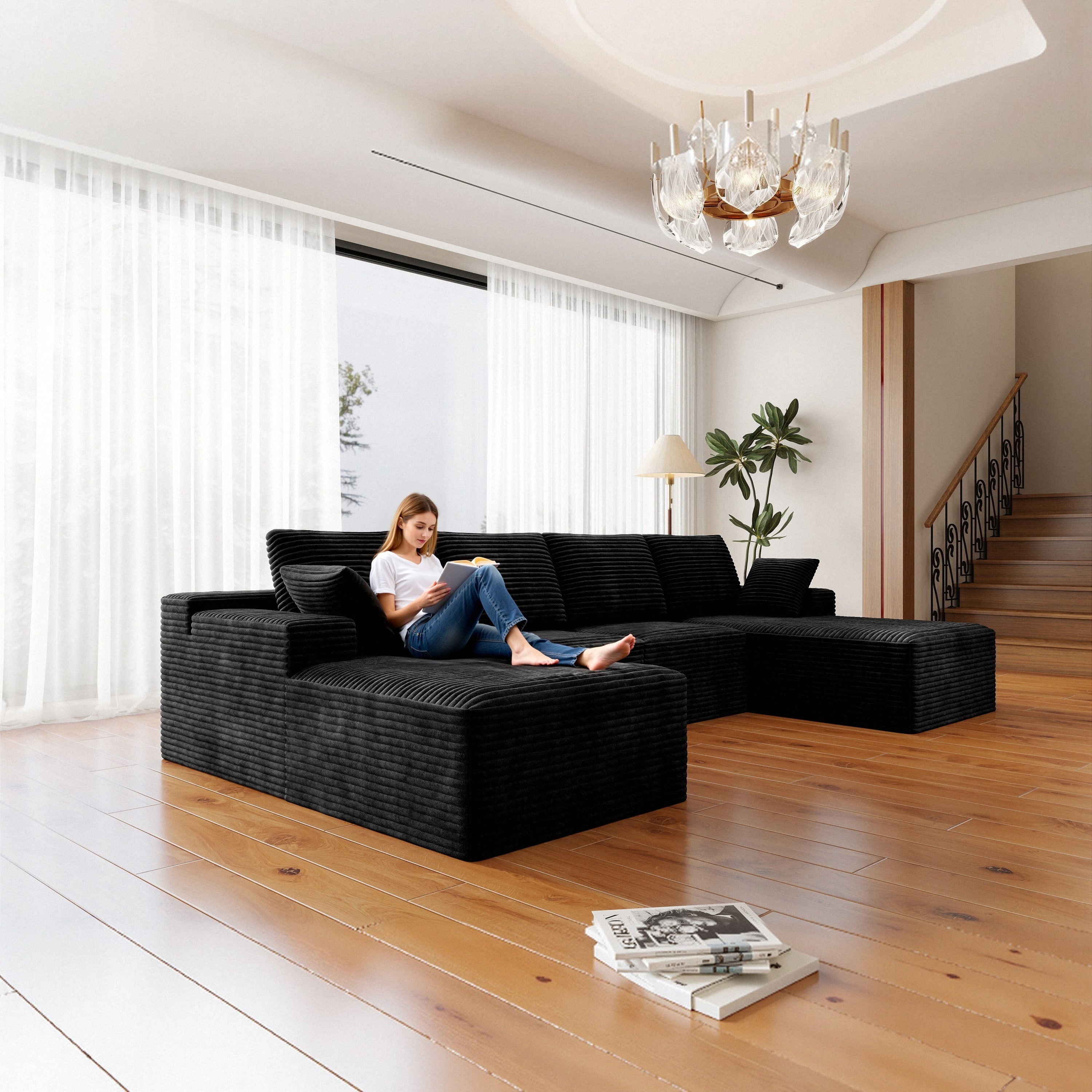 Black Plush Corduroy Modular Sectional Sofa, No Assembly