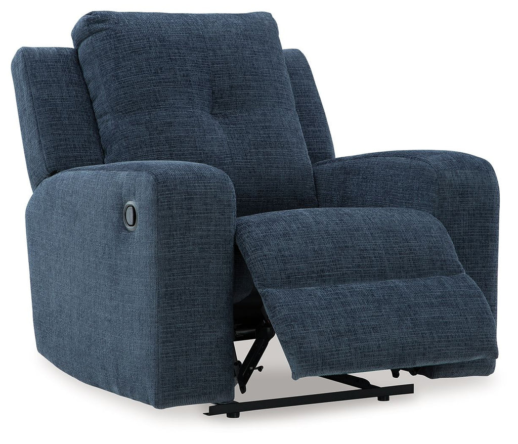 Ink blue fabric wall recliner with extended footrest, cushioned arms, and side button