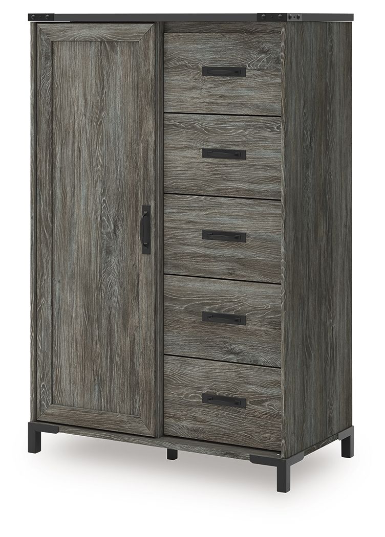 Gray wood storage cabinet with 2 doors, 5 drawers, black handles and feet