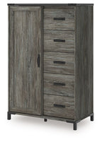 Gray wood storage cabinet with 2 doors, 5 drawers, black handles and feet