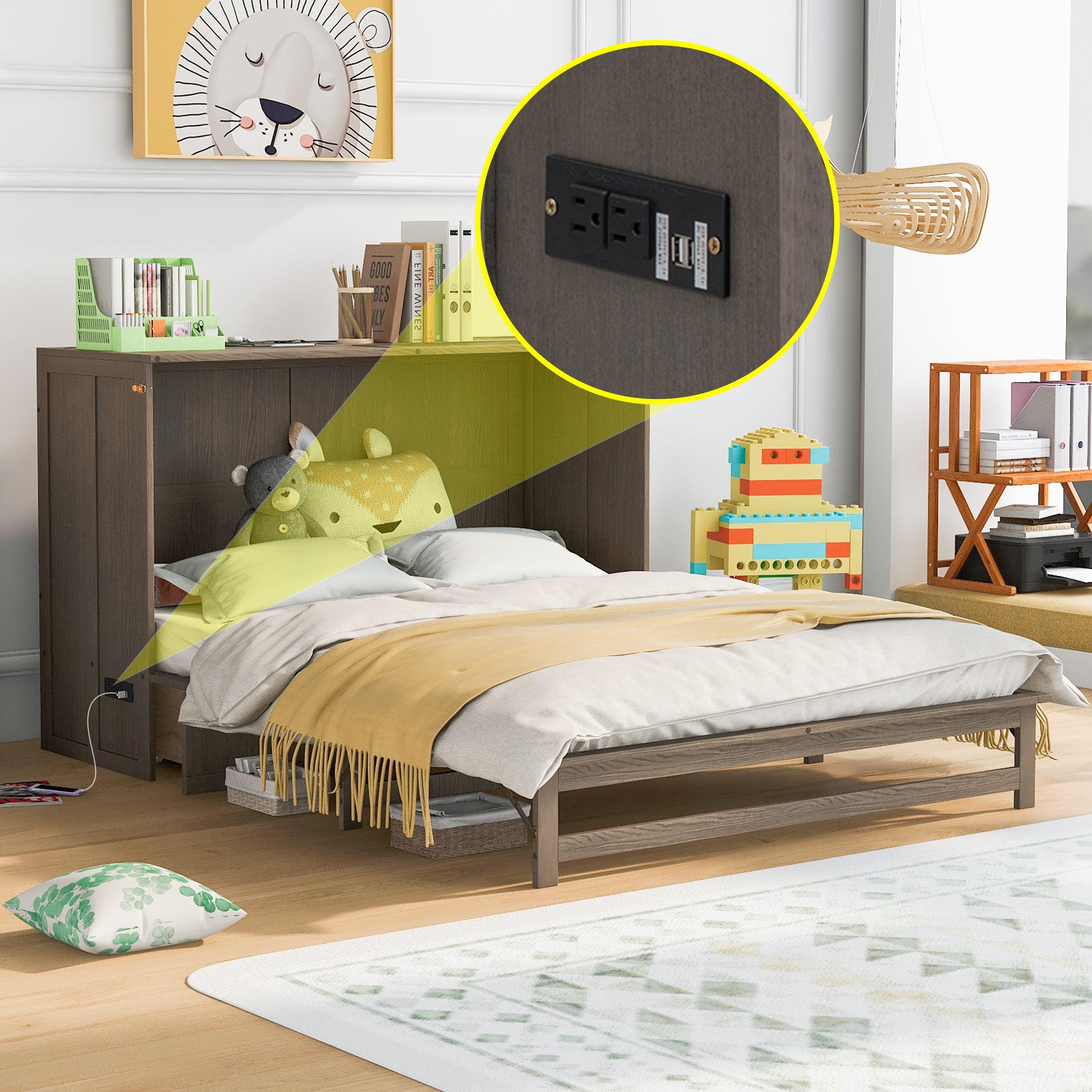 Queen Murphy Bed with Built-in Charging Station - Antique Grey