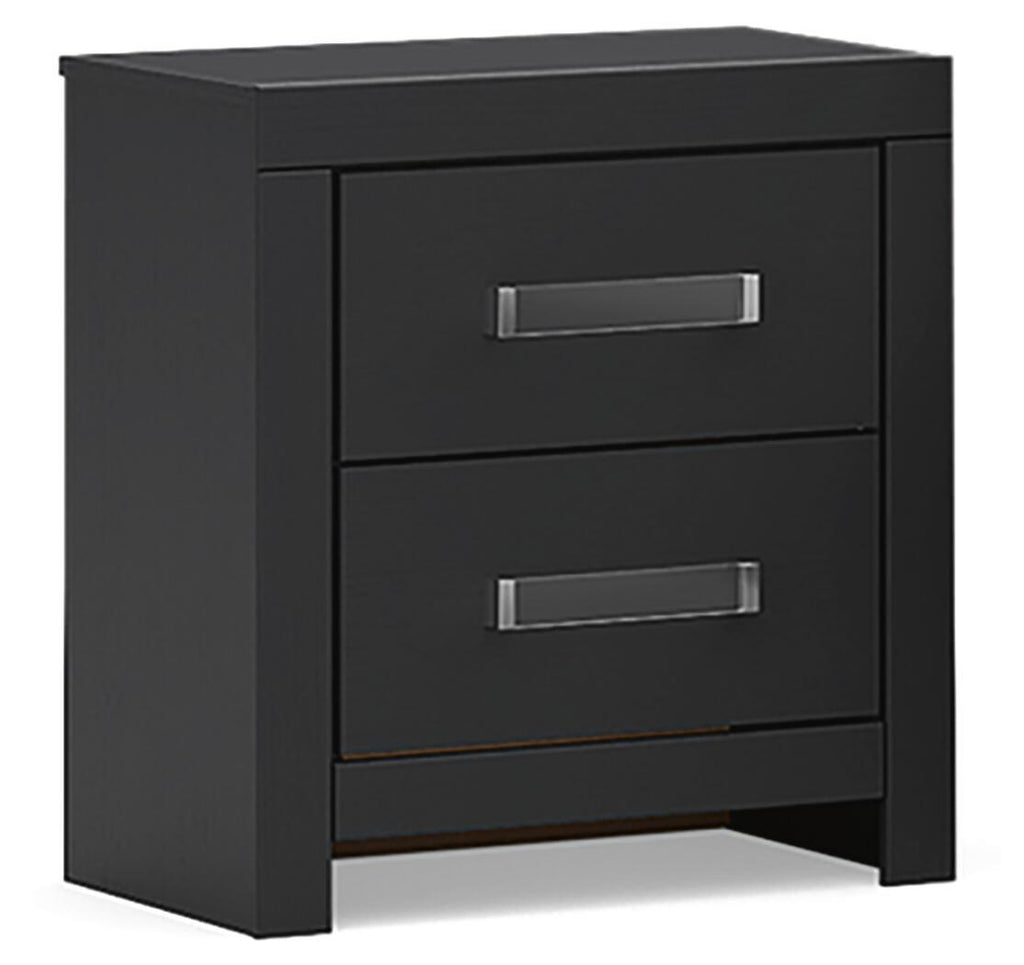 Black nightstand with two drawers and silver bar handles
