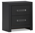 Black nightstand with two drawers and silver bar handles
