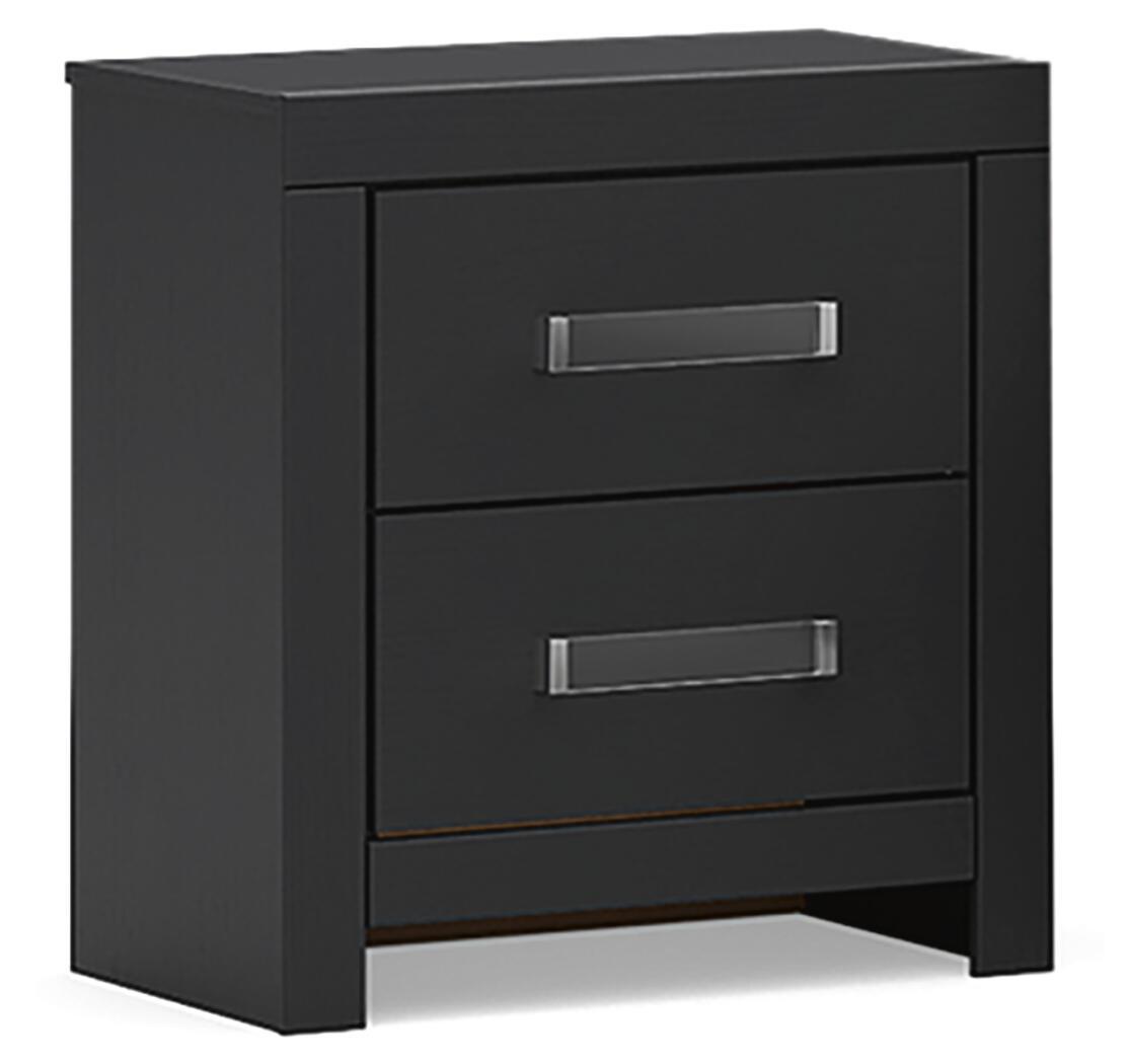 Black nightstand with two drawers and silver bar handles