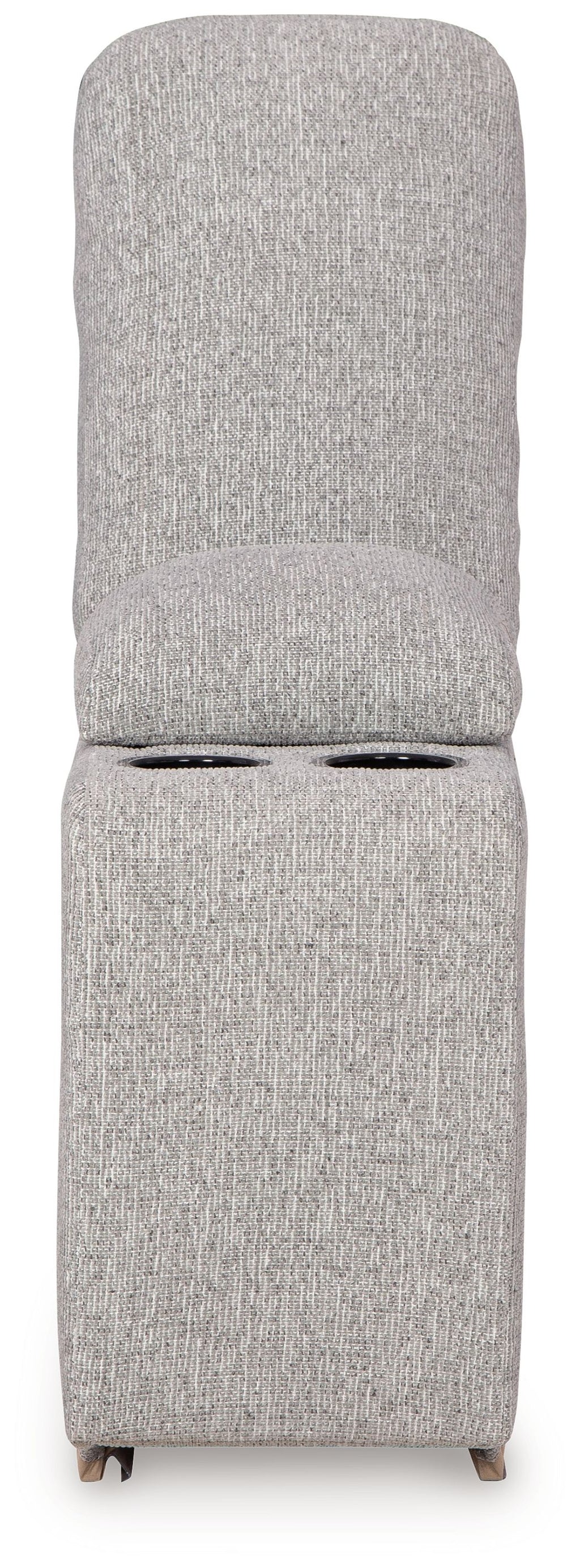 Pewter upholstered console chair back with two cup holes and storage base