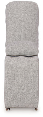 Pewter upholstered console chair back with two cup holes and storage base