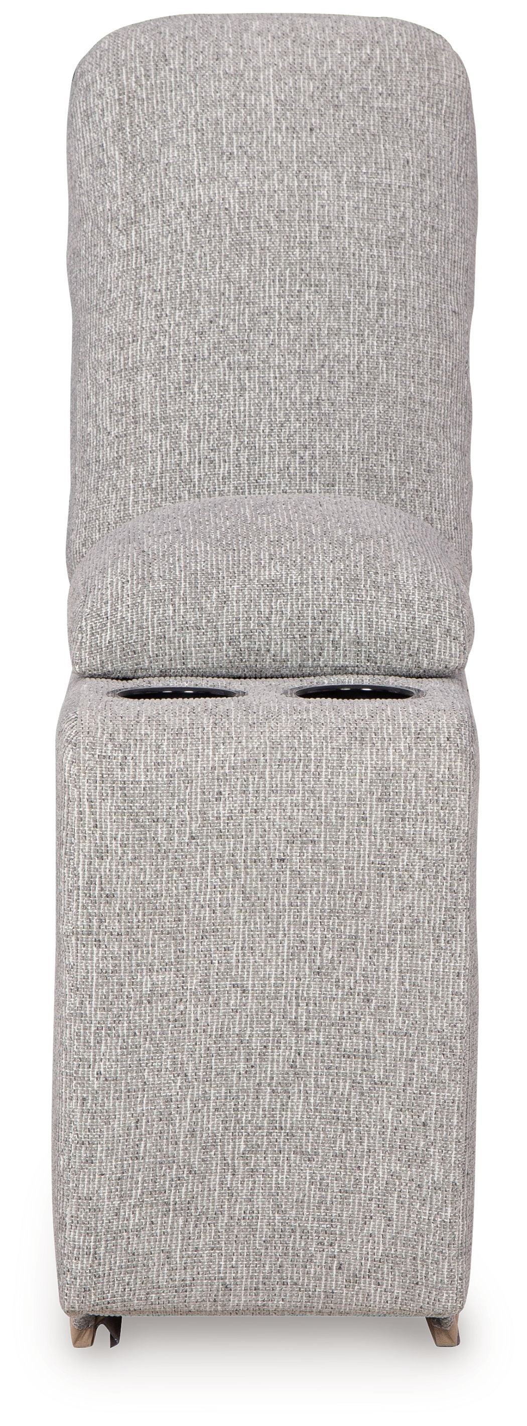 Pewter upholstered console chair back with two cup holes and storage base