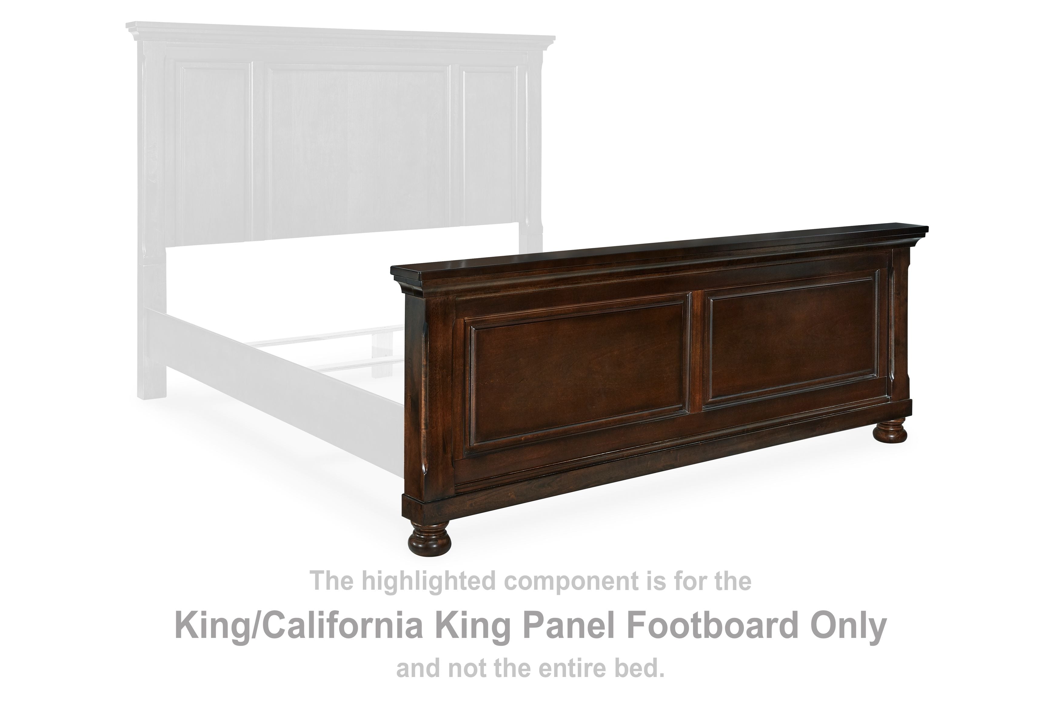 Dark brown panel footboard with two inset panels and tapered bun feet