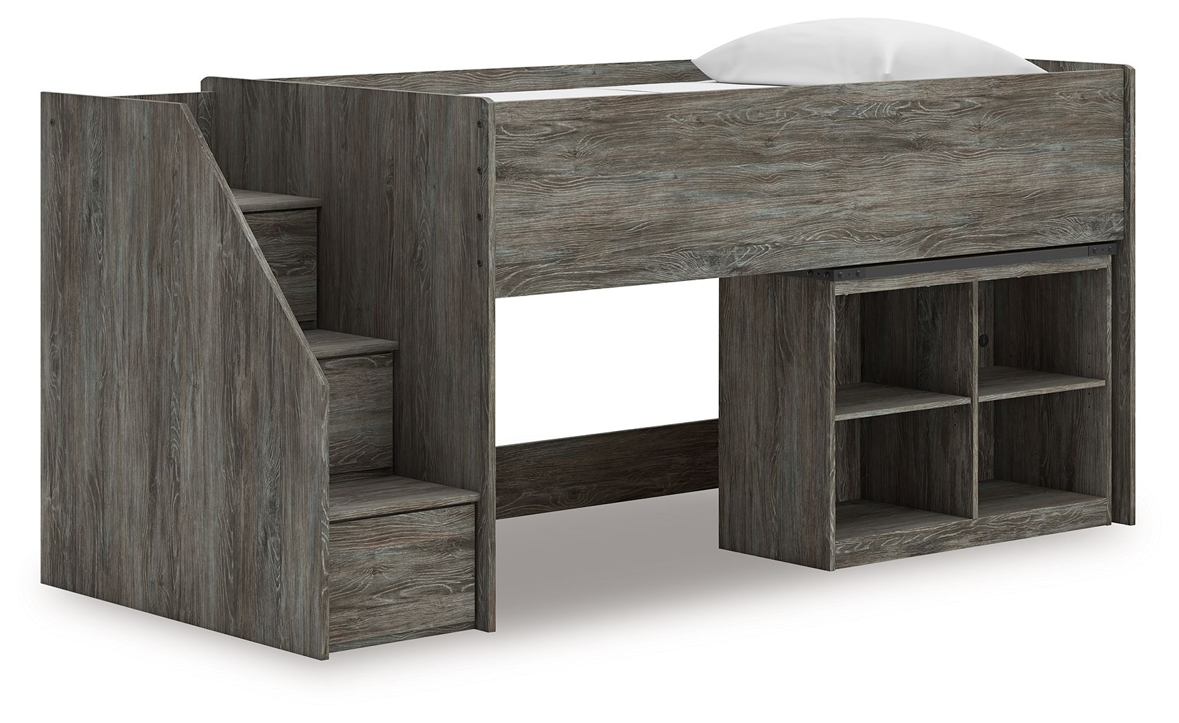 Gray loft bed with side steps and open cubby shelving under the frame