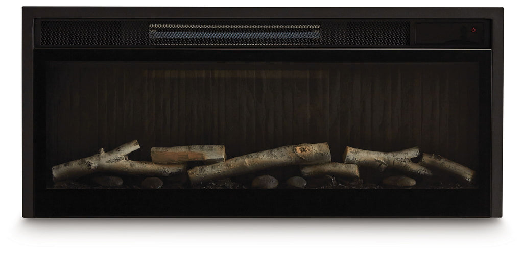 Black fireplace insert with faux birch log set and dark interior.