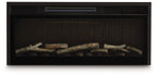 Black fireplace insert with faux birch log set and dark interior.