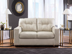 Light beige leather-look loveseat with tufted backrest, cushioned arms, and split seats