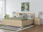 Light brown panel platform bed with side storage drawers and tall panel headboard