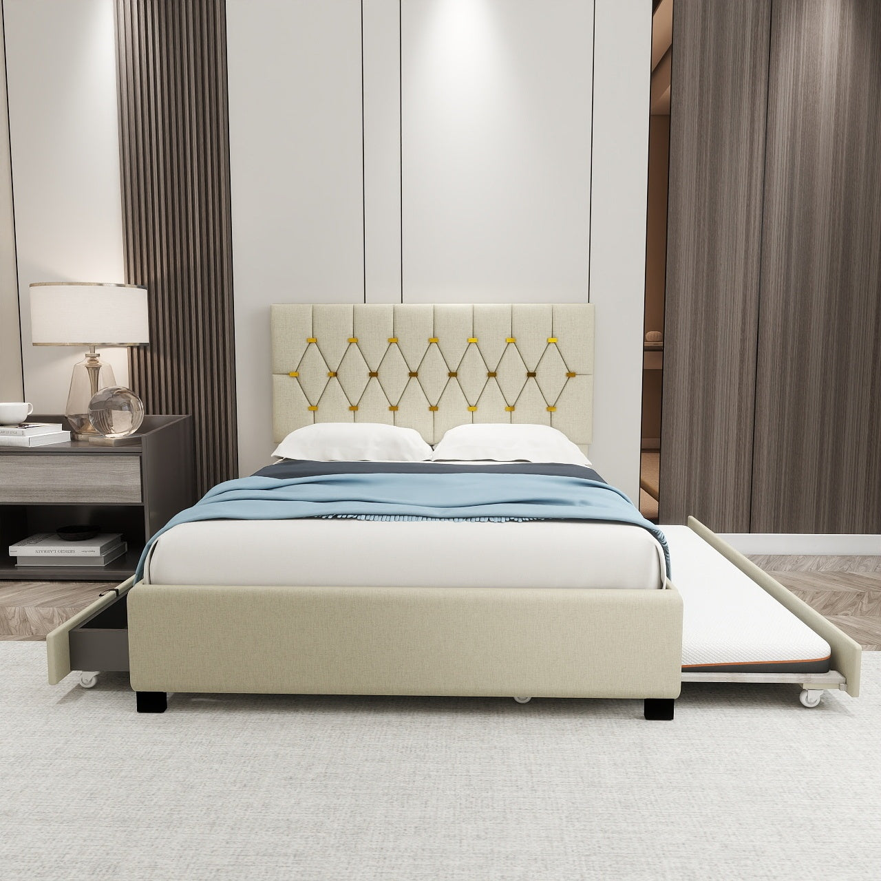 Beige Queen Trundle Bed w/Storage Drawers