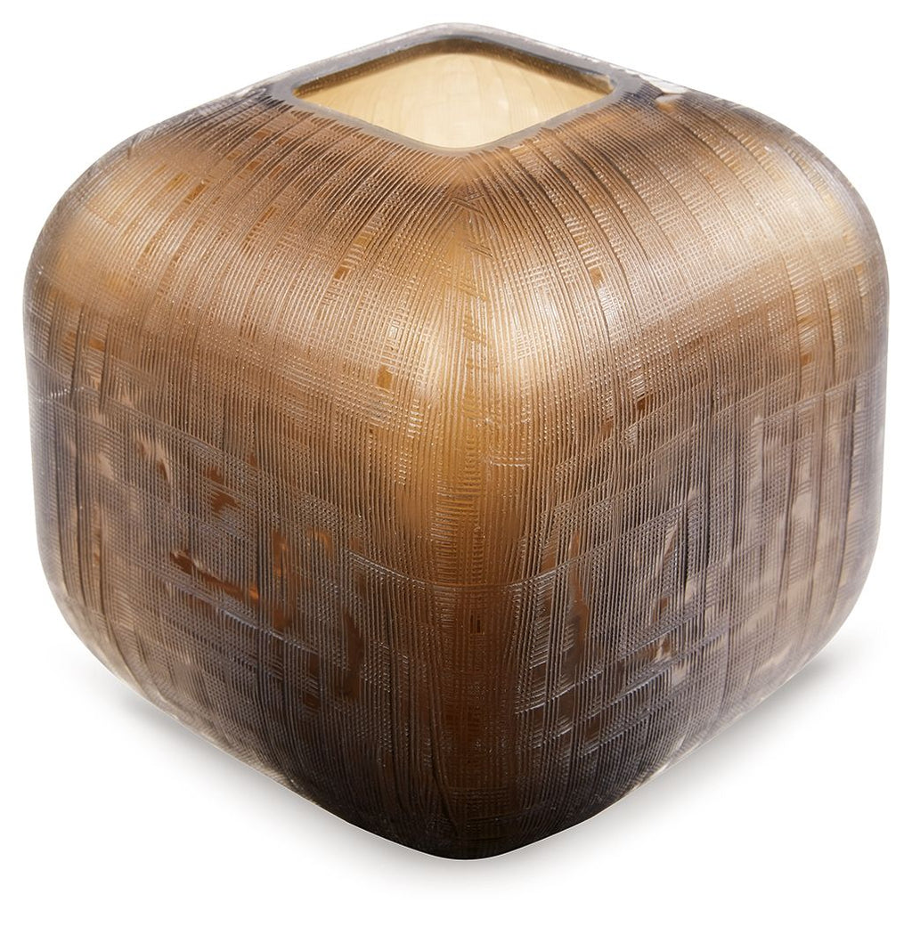 Textured warm brown vase with open top and rounded square shape