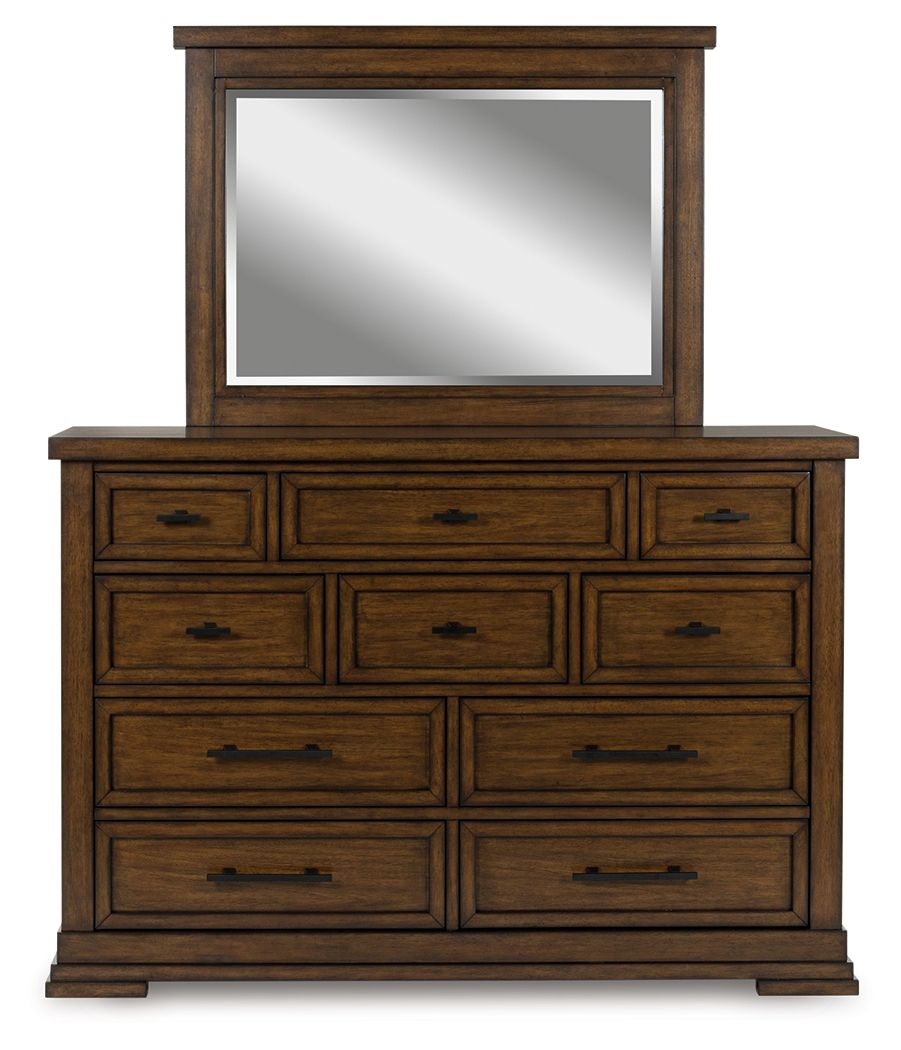 Medium brown dresser and mirror with nine drawers and dark metal pulls