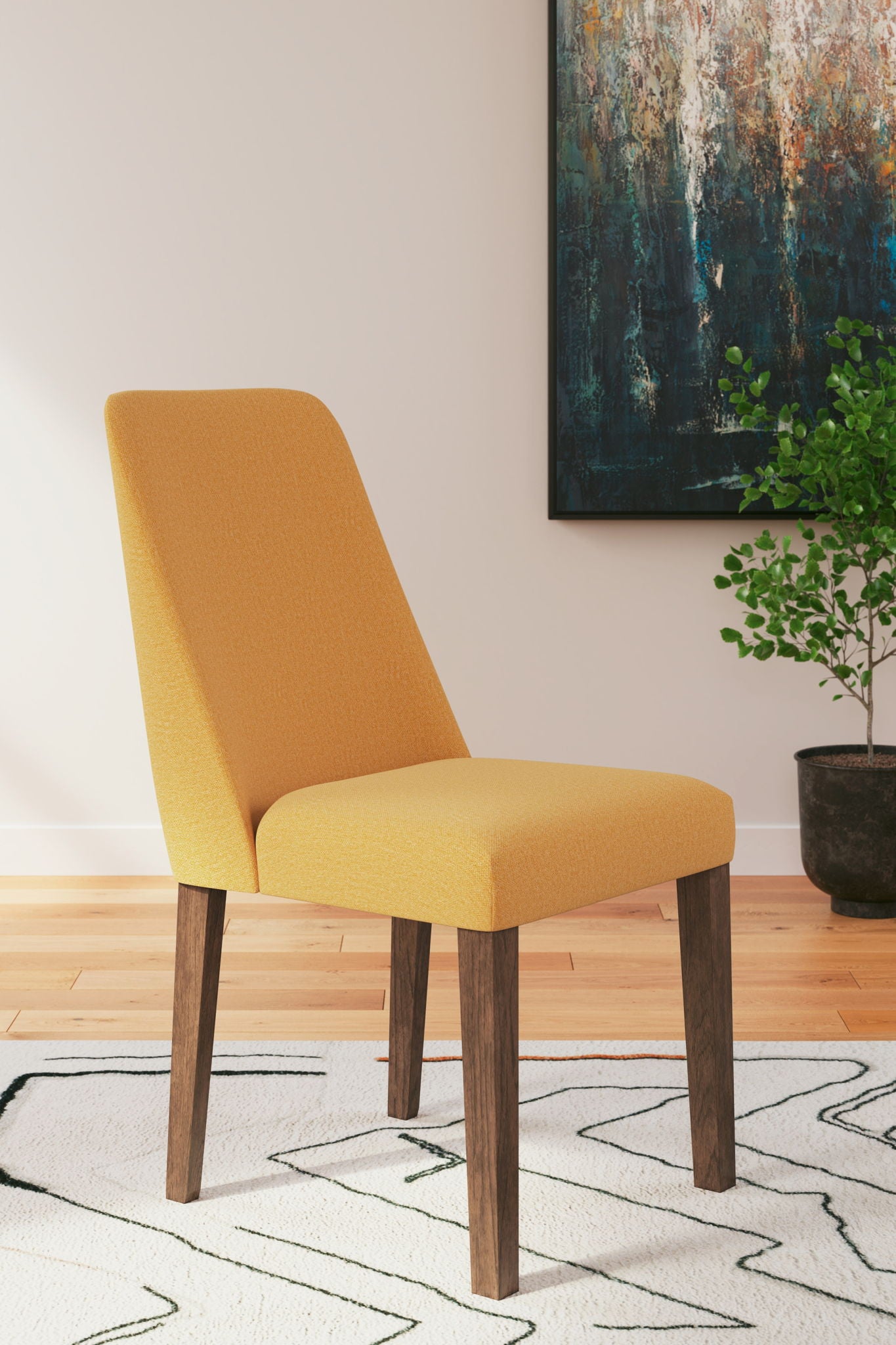 Mustard-yellow upholstered dining side chair with tall backrest and wooden legs