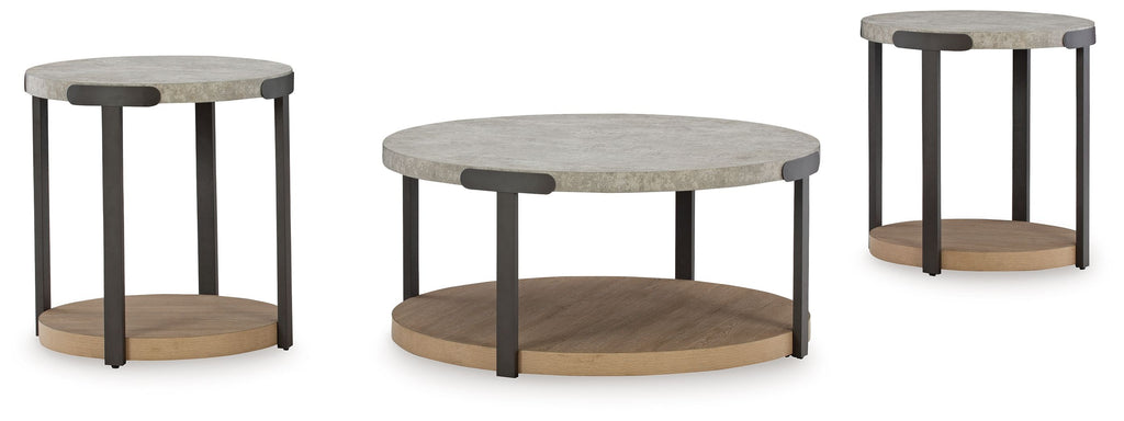 Round nesting tables with light brown bases and gray tabletops, set of 3