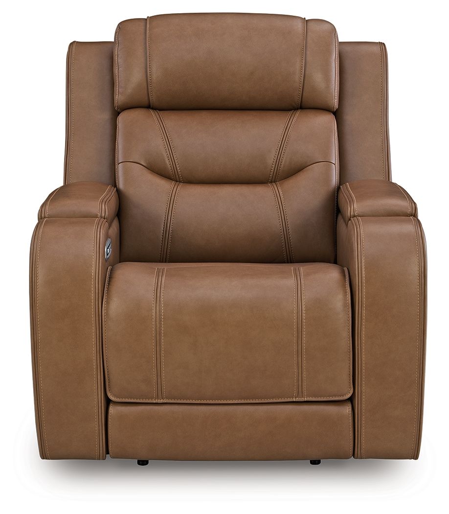 Caramel brown power recliner with thick backrest, headrest, and padded seat