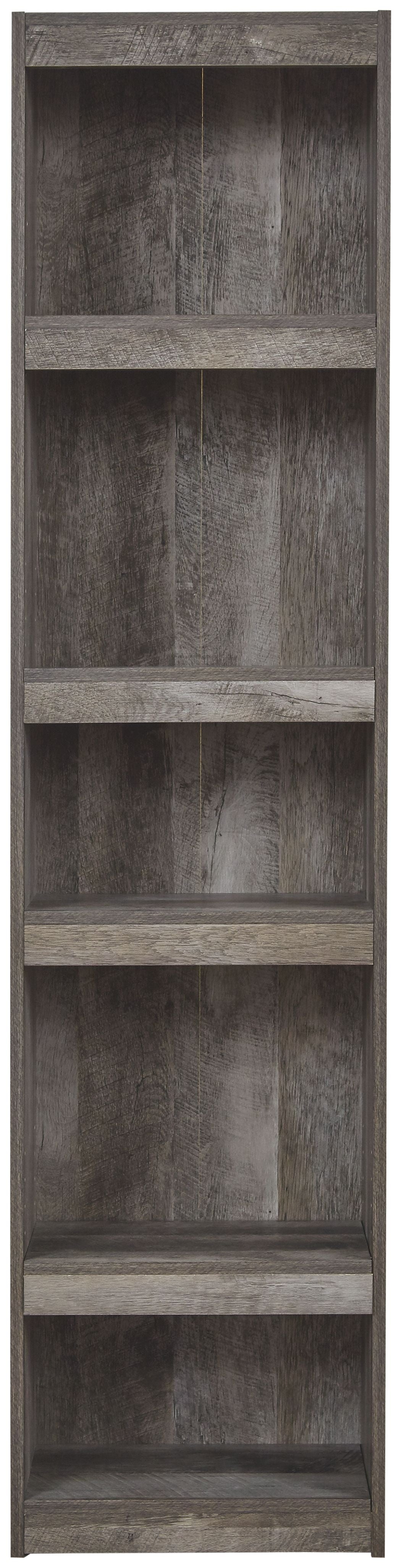 Gray wood open shelving cabinet with several shelf compartments