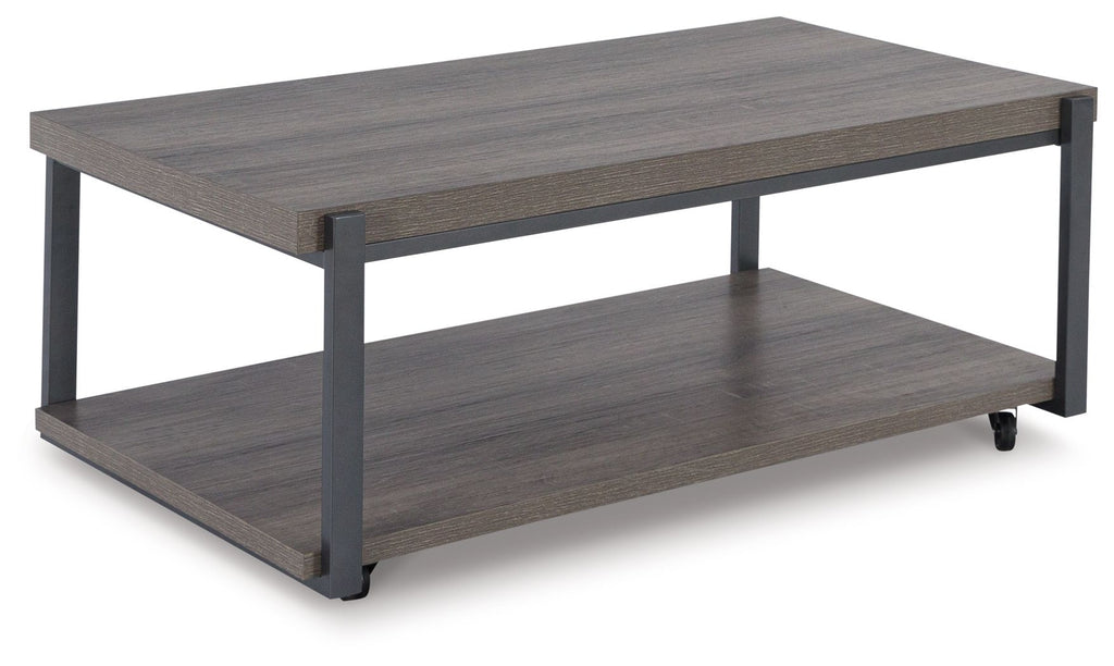Gray wood-look occasional coffee table with lower shelf and caster feet