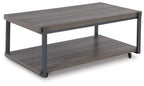 Gray wood-look occasional coffee table with lower shelf and caster feet