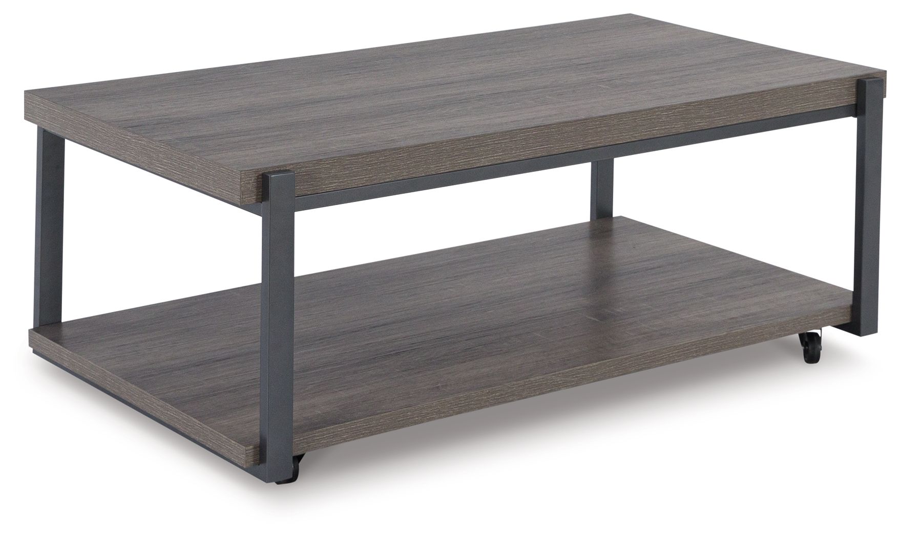 Gray wood-look occasional coffee table with lower shelf and caster feet