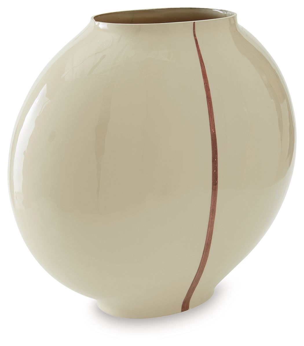 Beige ceramic vase with glossy finish, rounded shape, and vertical brown stripe