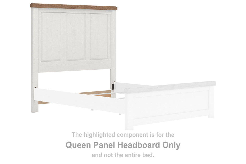 Queen panel headboard in white with brown accents, vertical panel design