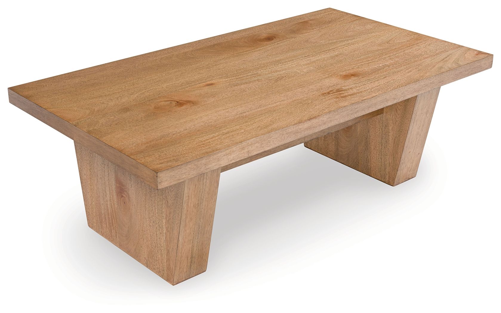 Rectangular light-brown wood cocktail table with angled corner perspective
