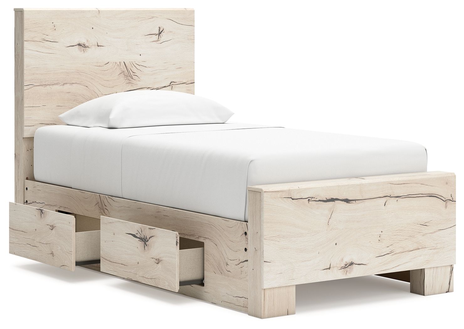 Panel bed with storage, white mattress, light wood underbed drawers with raised panels