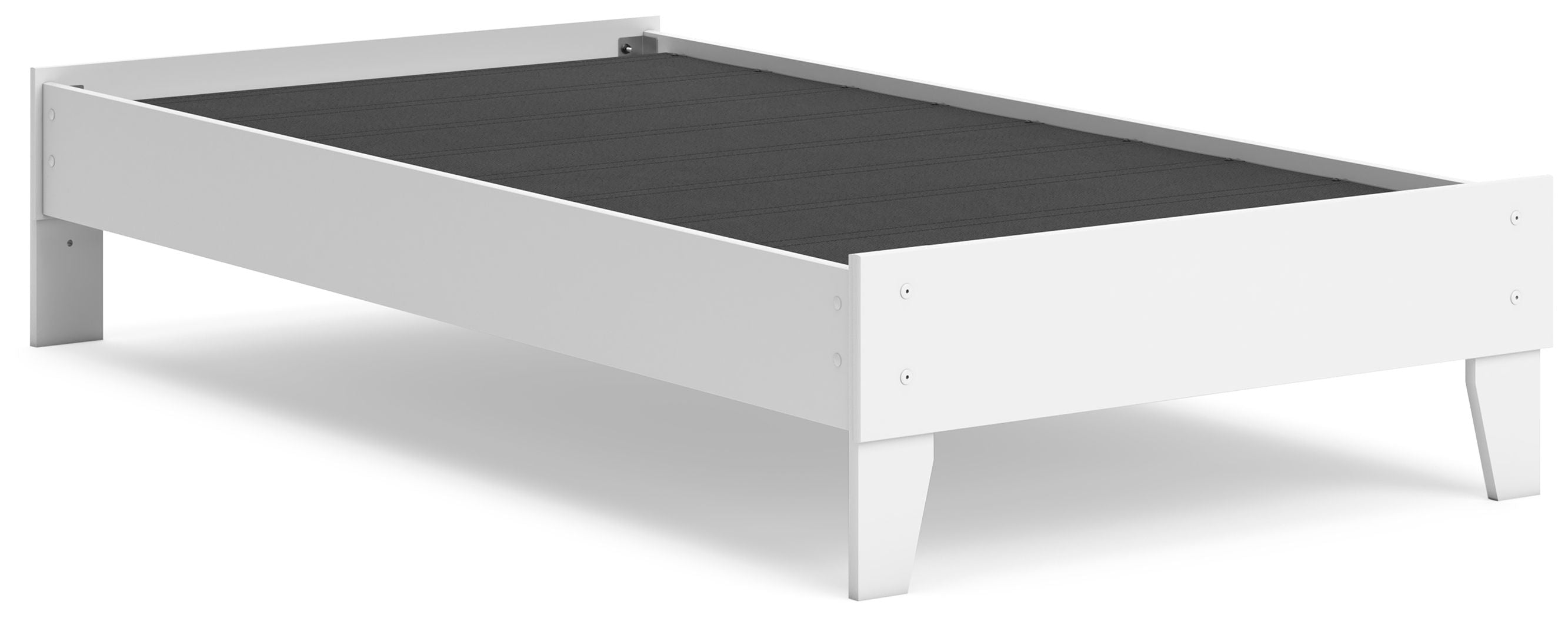 White platform bed frame with open slats and dark interior base