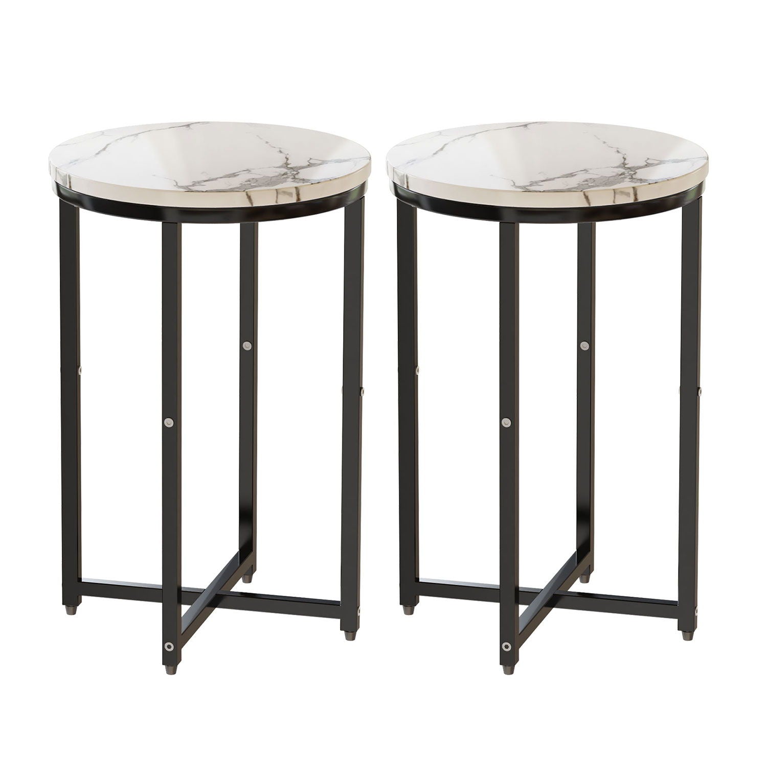 (Set of 2) Round End Side Table With Faux Marble Top And Metal Frame For Bedroom Balcony Small Space Modern Home Decor - Black