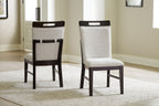 Upholstered dining side chairs with light gray seat and back, dark brown frame