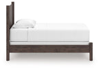 Panel bedroom set bed side view with dark brown frame and white bedding