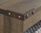 Dark brown TV stand corner trim with decorative round metal studs