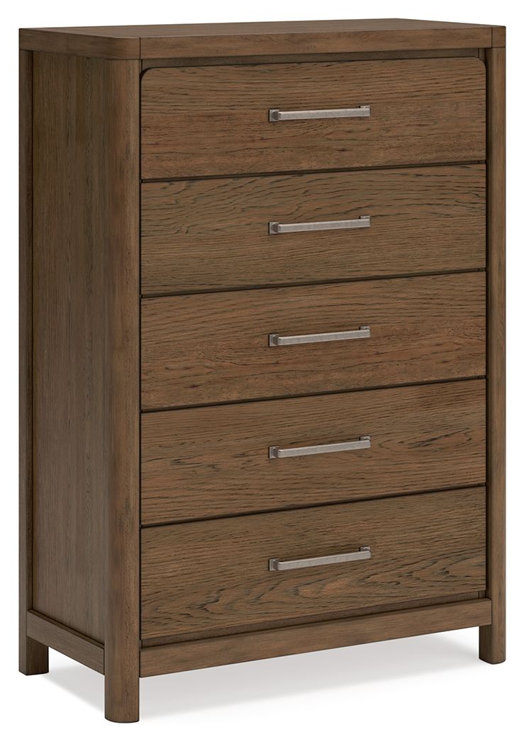 Light brown five-drawer chest with metal bar handles and wooden legs