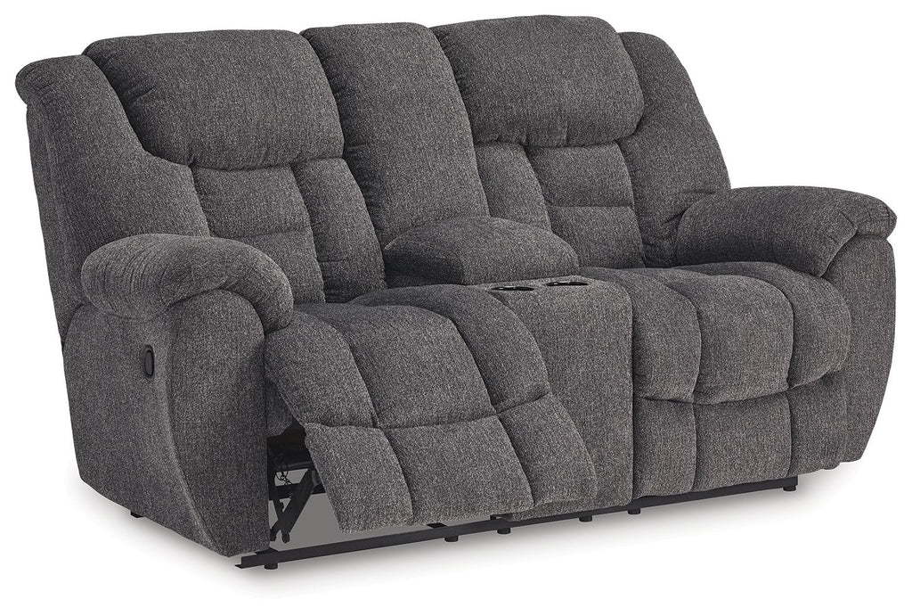 Charcoal reclining loveseat with console, side view with padded arm and back