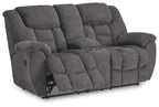 Charcoal reclining loveseat with console, side view with padded arm and back