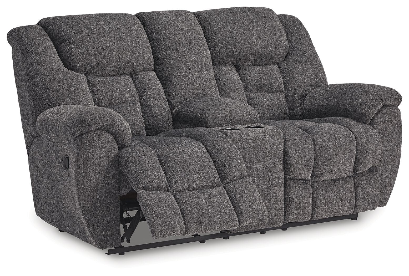 Charcoal reclining loveseat with console, side view with padded arm and back