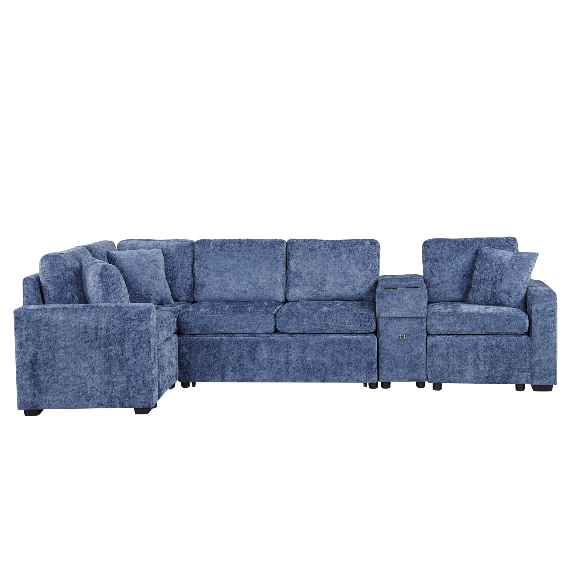Blue L-Shaped Sofa Bed: Pull-Out, Storage, Cupholders