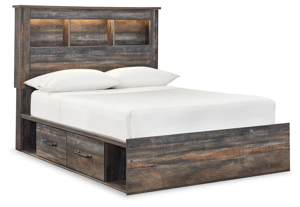 Panel bookcase bed with dark wood frame, open shelf headboard, and two front drawers