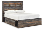 Panel bookcase bed with dark wood frame, open shelf headboard, and two front drawers