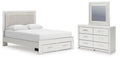 White upholstered panel bed with under-drawer storage and matching dresser with mirror