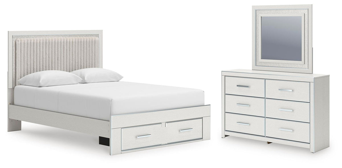 White upholstered panel bed with under-drawer storage and matching dresser with mirror